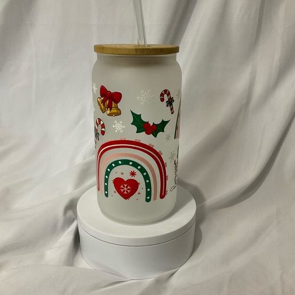 $15 SALE 16 Oz Handmade Frosted Glass Can Cup w/Lid & Straw, Retro Christmas - Picture 3 of 7